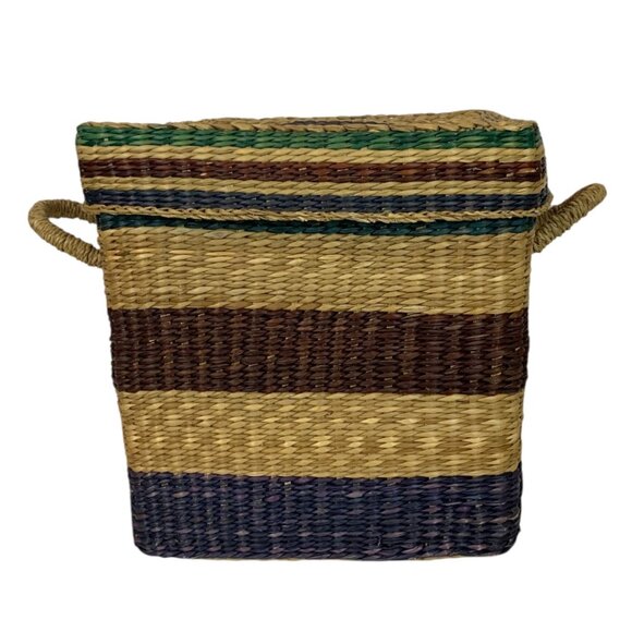 Square Bolga Basket With Lid Handles Handwoven Straw Multicolor Stripes Storage - Picture 1 of 7